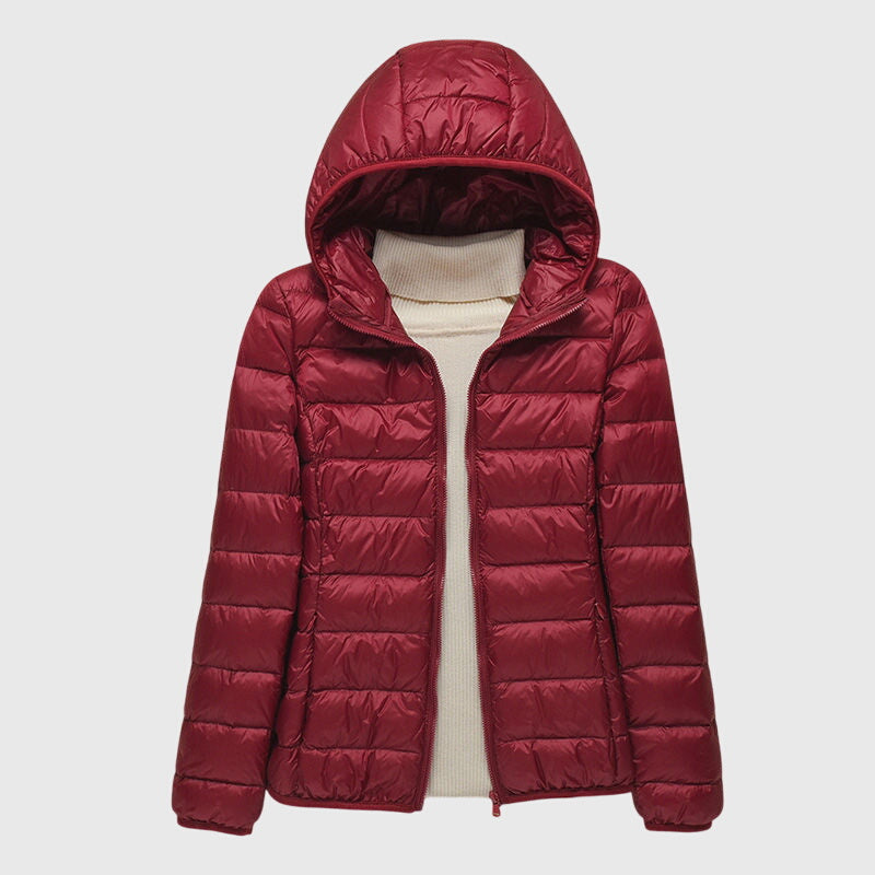 Lightweight puffer jacket with hood, maroon, full-zip front and quilted panels