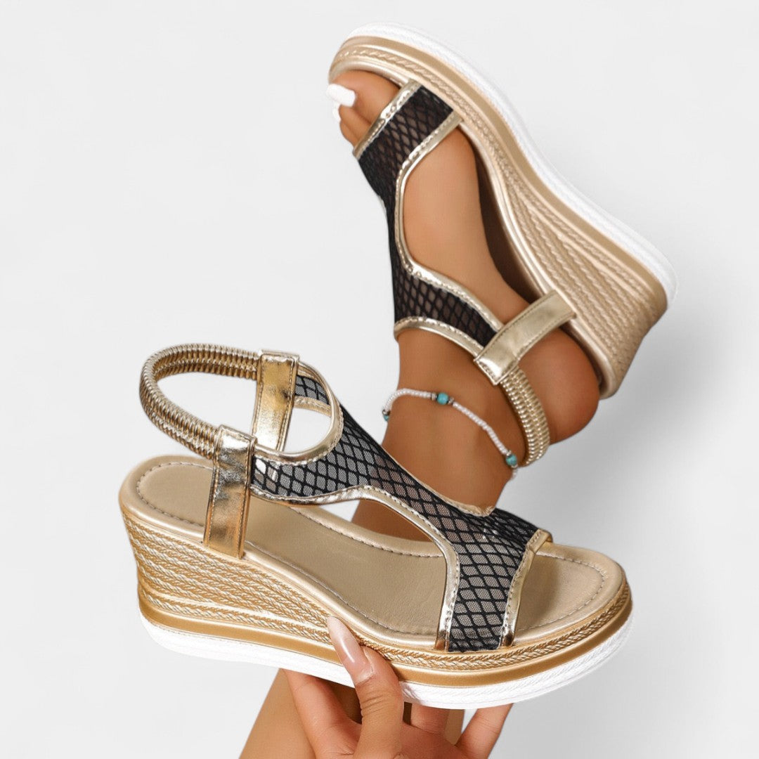 Women’s orthopedic platform sandals, beige straps with black mesh panel, open toe, wedge sole