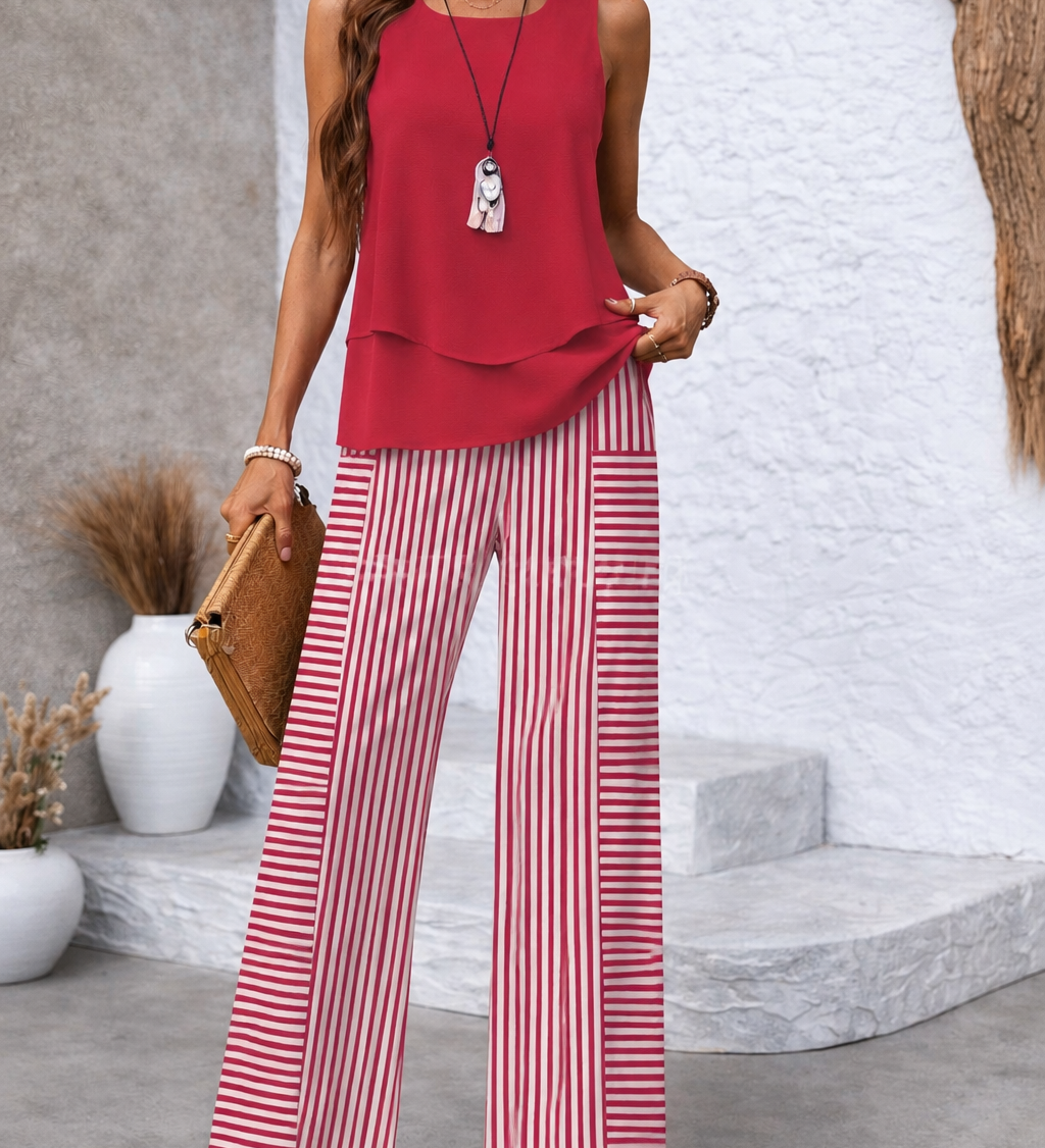 Two-piece set: sleeveless red layered top with red-and-white striped wide-leg pants