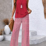 Two-piece set: sleeveless red layered top with red-and-white striped wide-leg pants