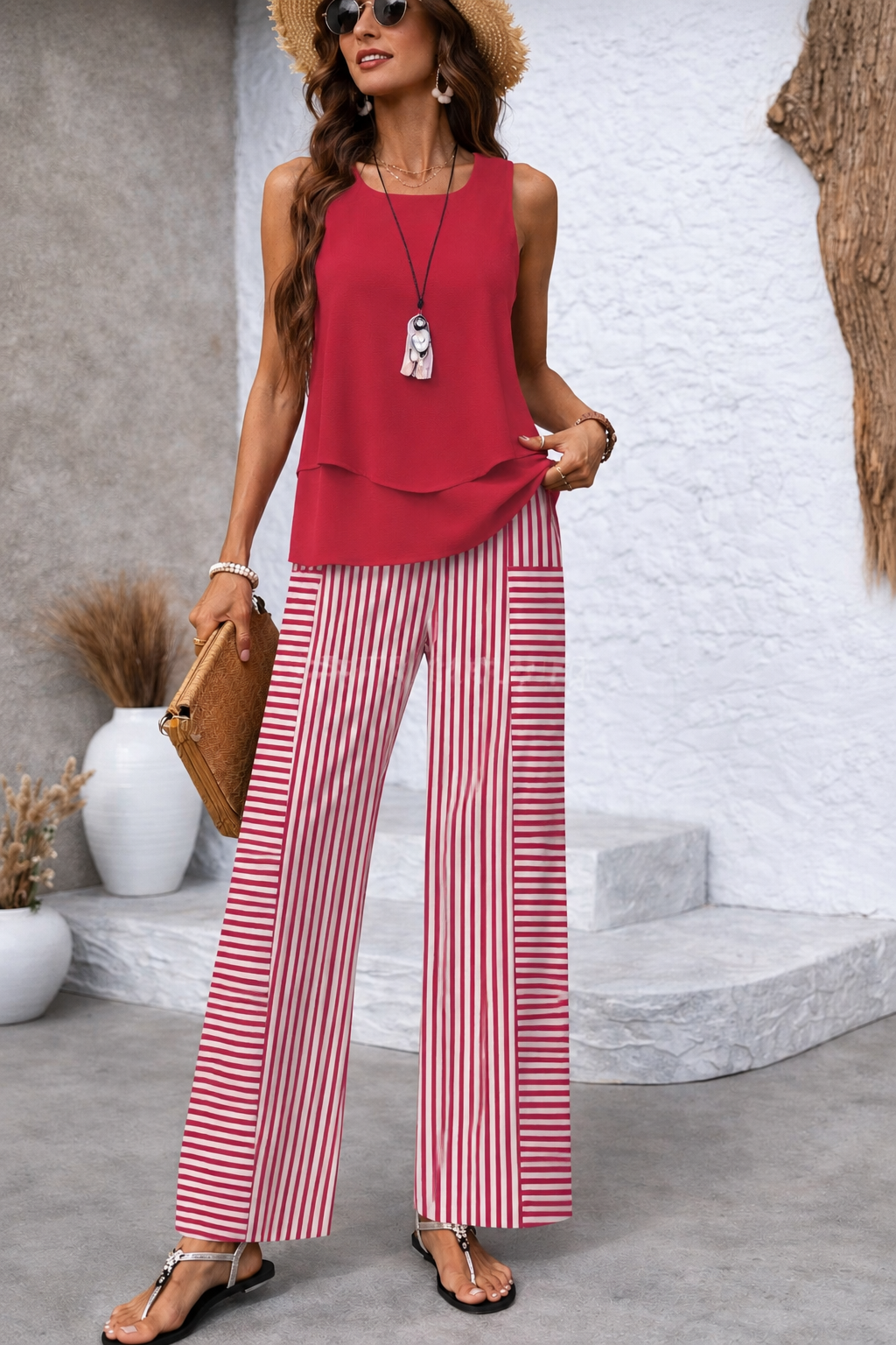 Two-piece set: sleeveless red layered top with red-and-white striped wide-leg pants