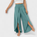 Women’s wide-leg pants with elastic waist, teal green, high side slit draped hem