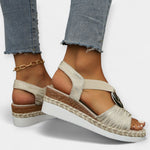 Roman knit sandals, cream open-toe with ankle chain and espadrille wedge platform