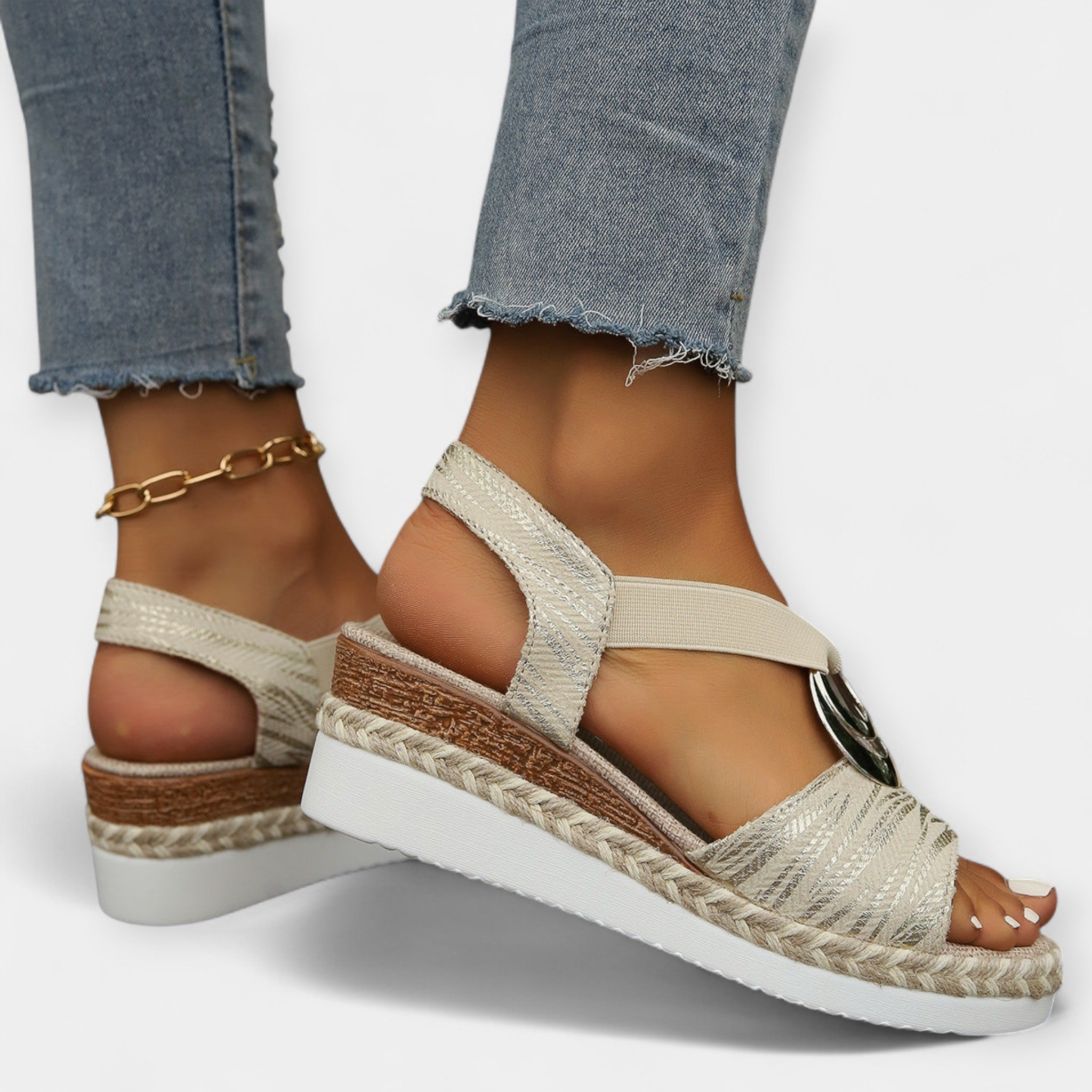 Roman knit sandals, cream open-toe with ankle chain and espadrille wedge platform