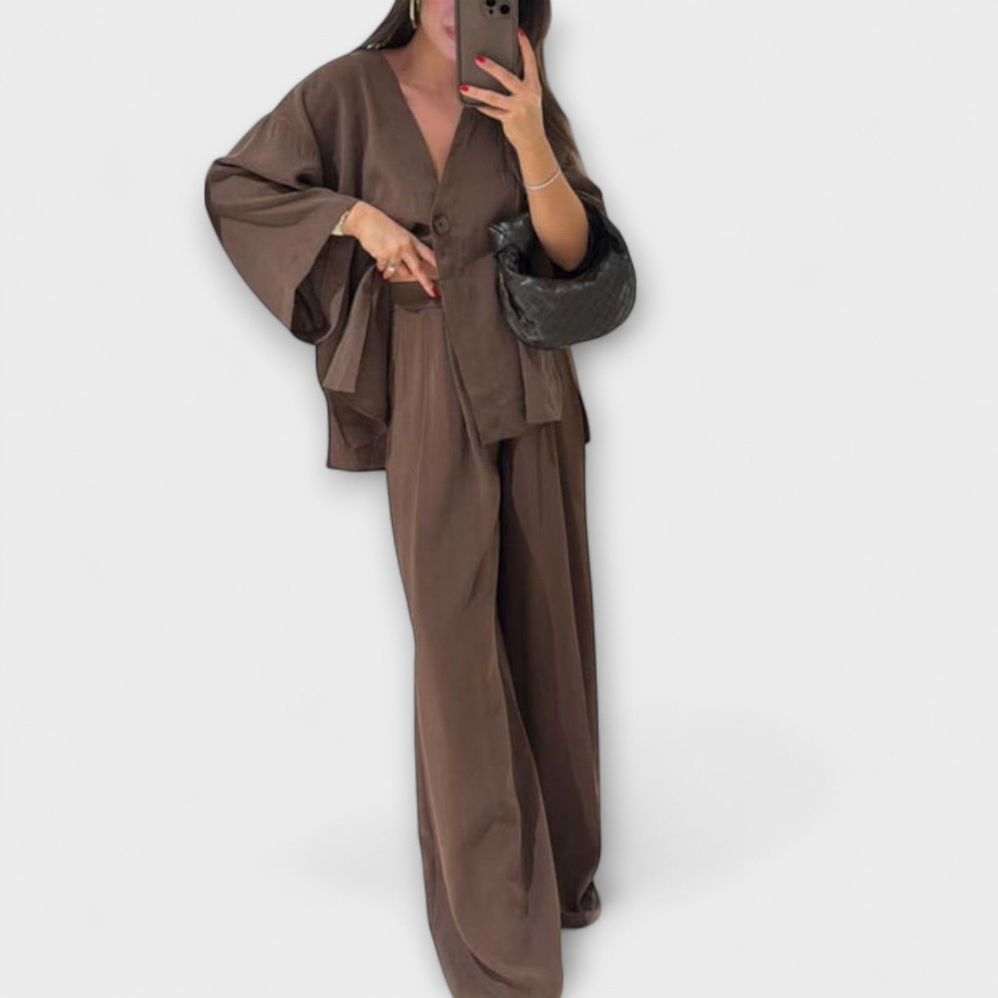 Two-layer V-neck top and wide-leg pants set, dark brown button-front blouse