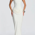 White maxi dress with square neckline and gathered drape across the waist