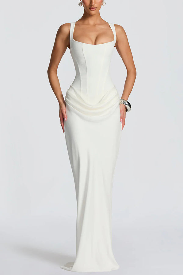 White maxi dress with square neckline and gathered drape across the waist