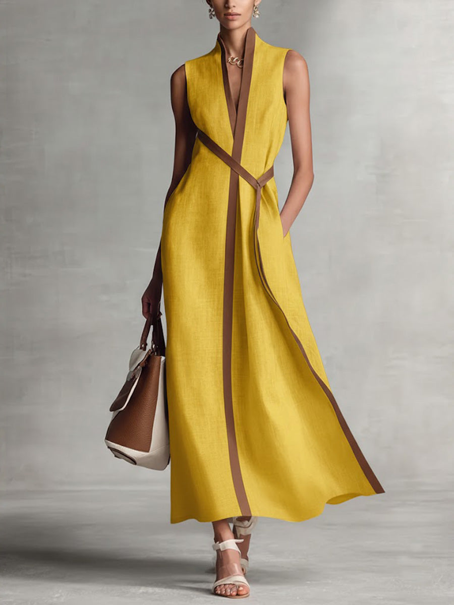 Elira linen dress in mustard yellow with deep V-neck and diagonal tie panel, sleeveless maxi