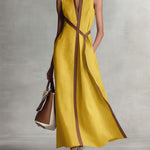 Elira linen dress in mustard yellow with deep V-neck and diagonal tie panel, sleeveless maxi