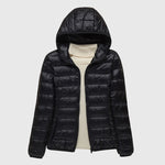 Lightweight puffer jacket with hood, black, full-zip front and quilted panels