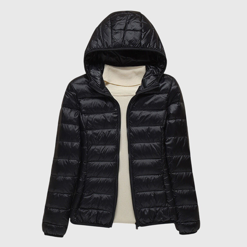 Lightweight puffer jacket with hood, black, full-zip front and quilted panels