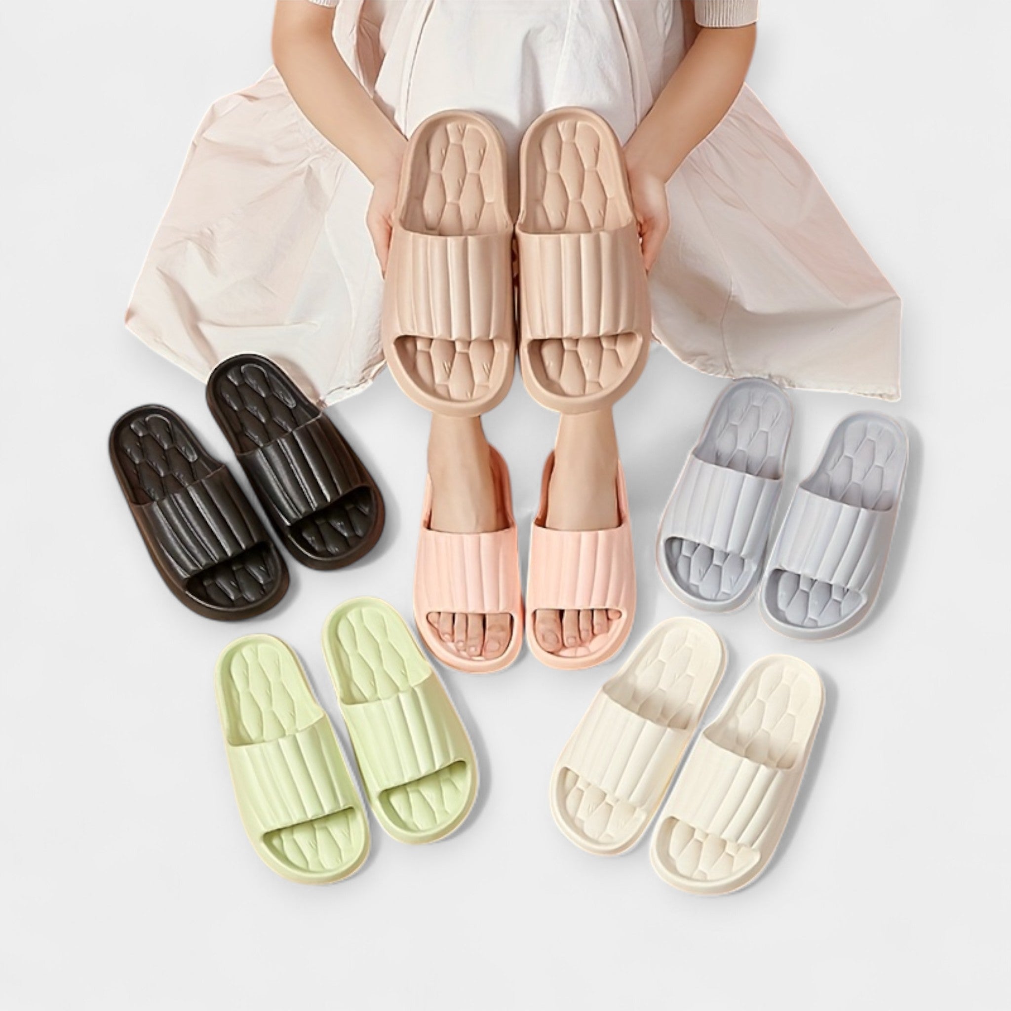 All-season slippers multipack, open-toe slide sandals in beige, pink, green, black