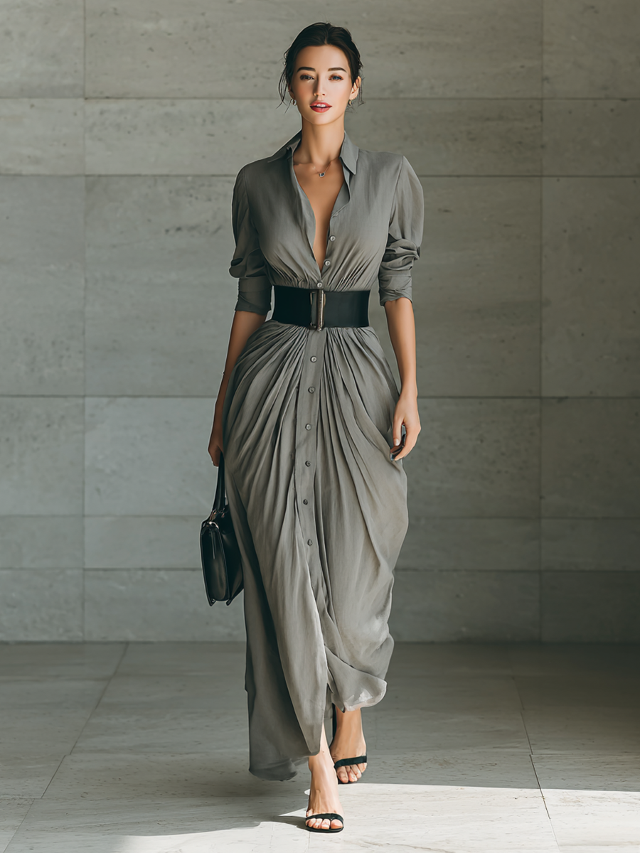 Long pleated grey dress with button front, belted waist, and three-quarter sleeves