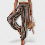 Black and cream ethnic patterned harem pants with smocked elastic waistband and ankle cuffs