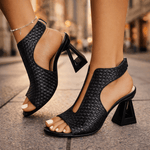 Black woven peep-toe high-heel sandals with ankle strap and chunky block heel