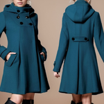 Women’s teal hooded coat, front and back views with buttoned flap waist detail