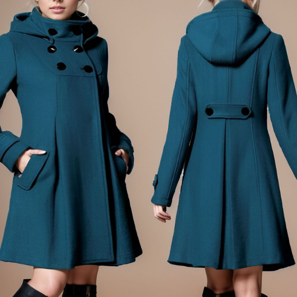 Women’s teal hooded coat, front and back views with buttoned flap waist detail