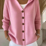 Hooded cardigan in soft pink knit, button-front, ribbed cuffs and hem