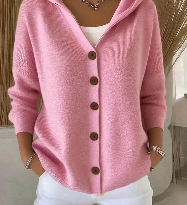 Hooded cardigan in soft pink knit, button-front, ribbed cuffs and hem