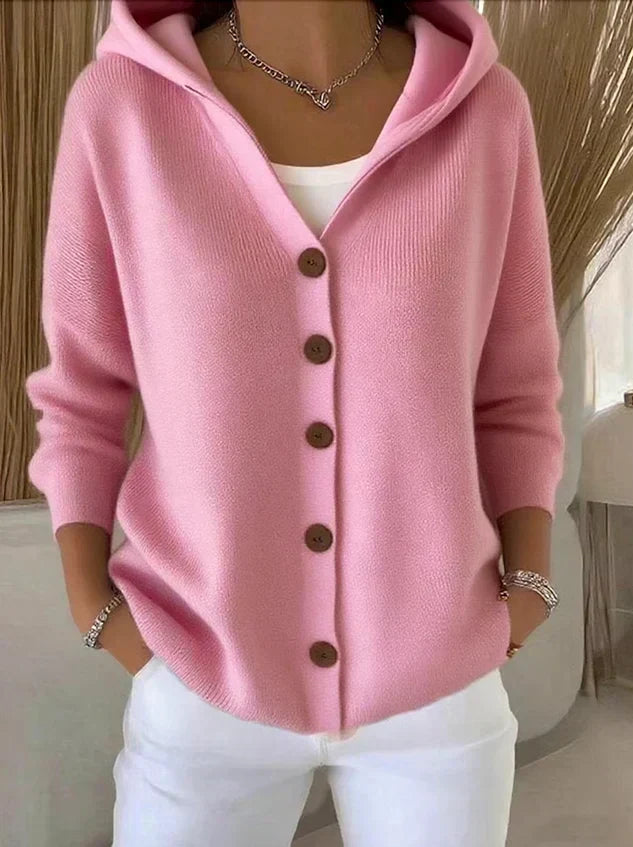 Hooded cardigan in soft pink knit, button-front, ribbed cuffs and hem