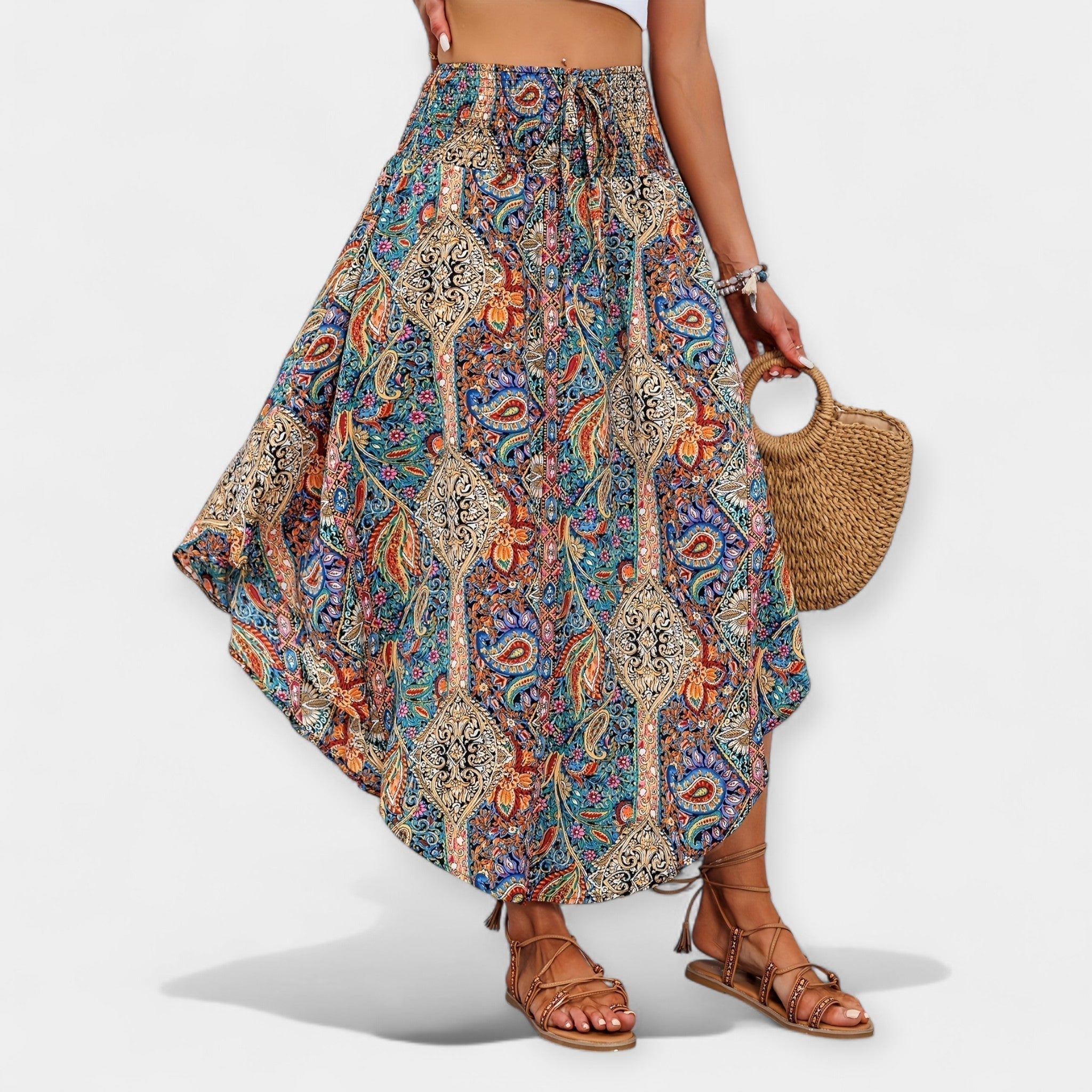 High-waisted midi skirt, paisley floral print, gathered elastic waist