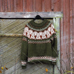 Olive green Fair Isle sweater with white and red geometric yoke, crew neck