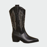 Black cowboy boots in leather with pointed toe and stitched wing embroidery