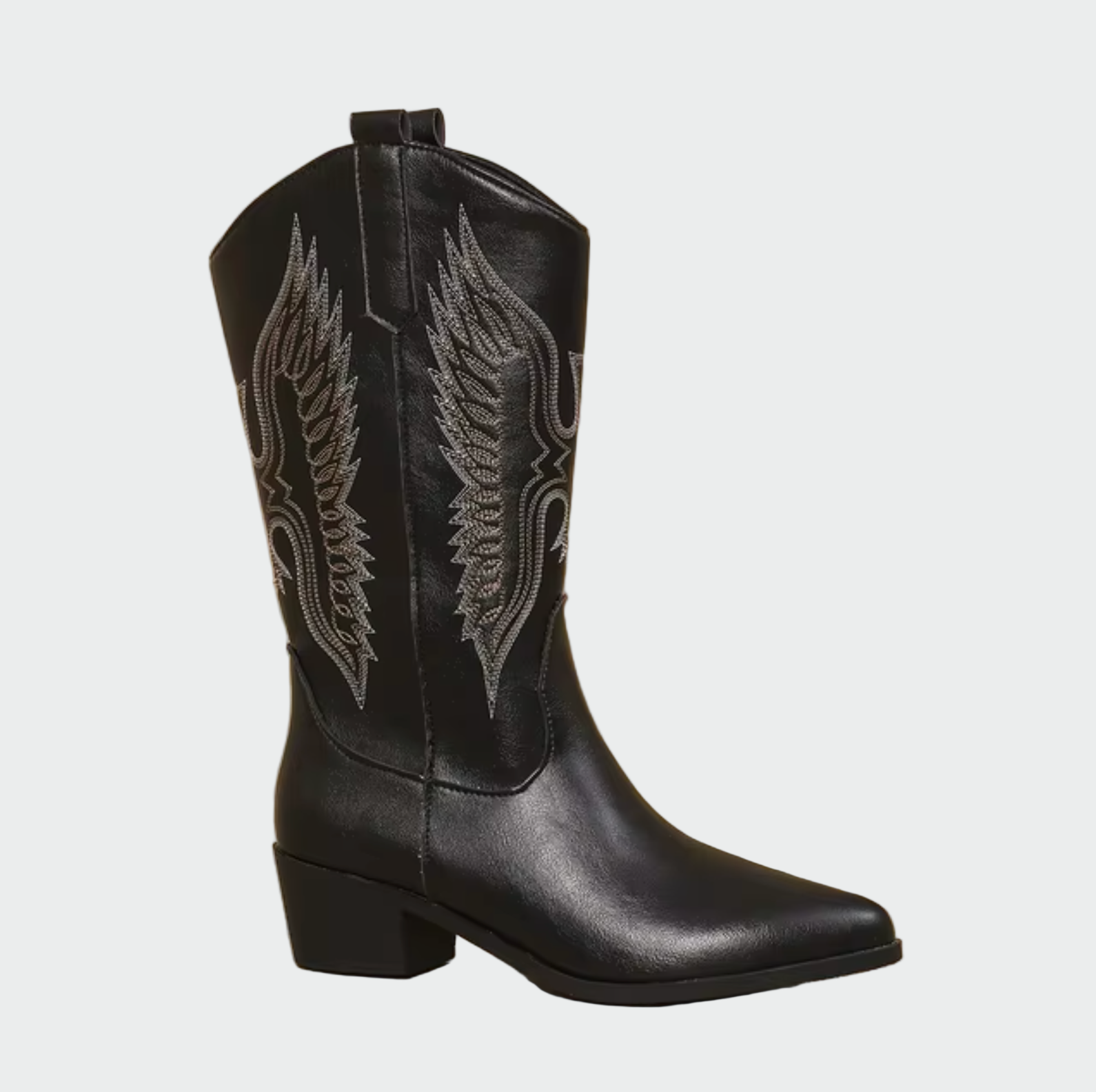 Black cowboy boots in leather with pointed toe and stitched wing embroidery