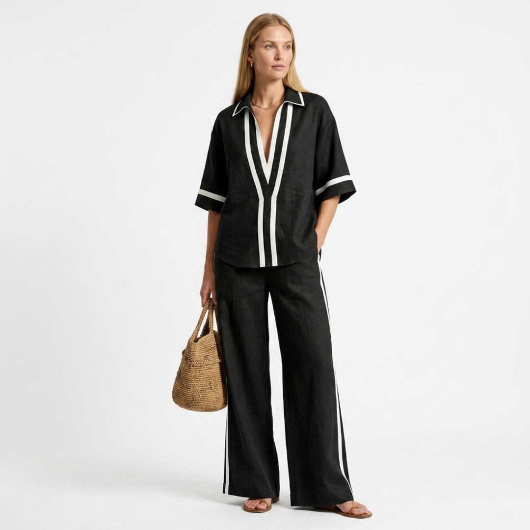 Black graphic trim set: V-neck short-sleeve shirt and wide-leg pants