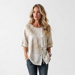 Vintage casual blouse in off-white with button front, patchwork embroidery, and tie hem