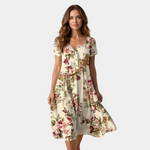 Vintage floral print midi dress, short sleeves, cream base with pink and burgundy flowers