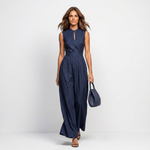 Carmen sleeveless pinstripe jumpsuit with low round neckline, navy and wide-leg