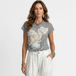 Lorena floral-print blouse in muted blue with large white flower graphic