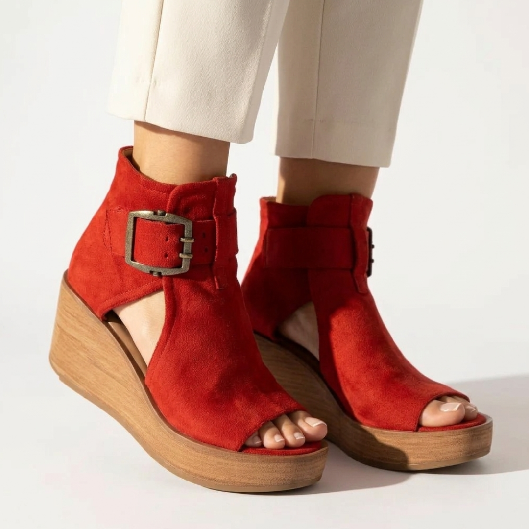 Purple suede ankle-boot style wedge sandals with open toe and buckle strap