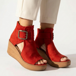 Purple suede ankle-boot style wedge sandals with open toe and buckle strap