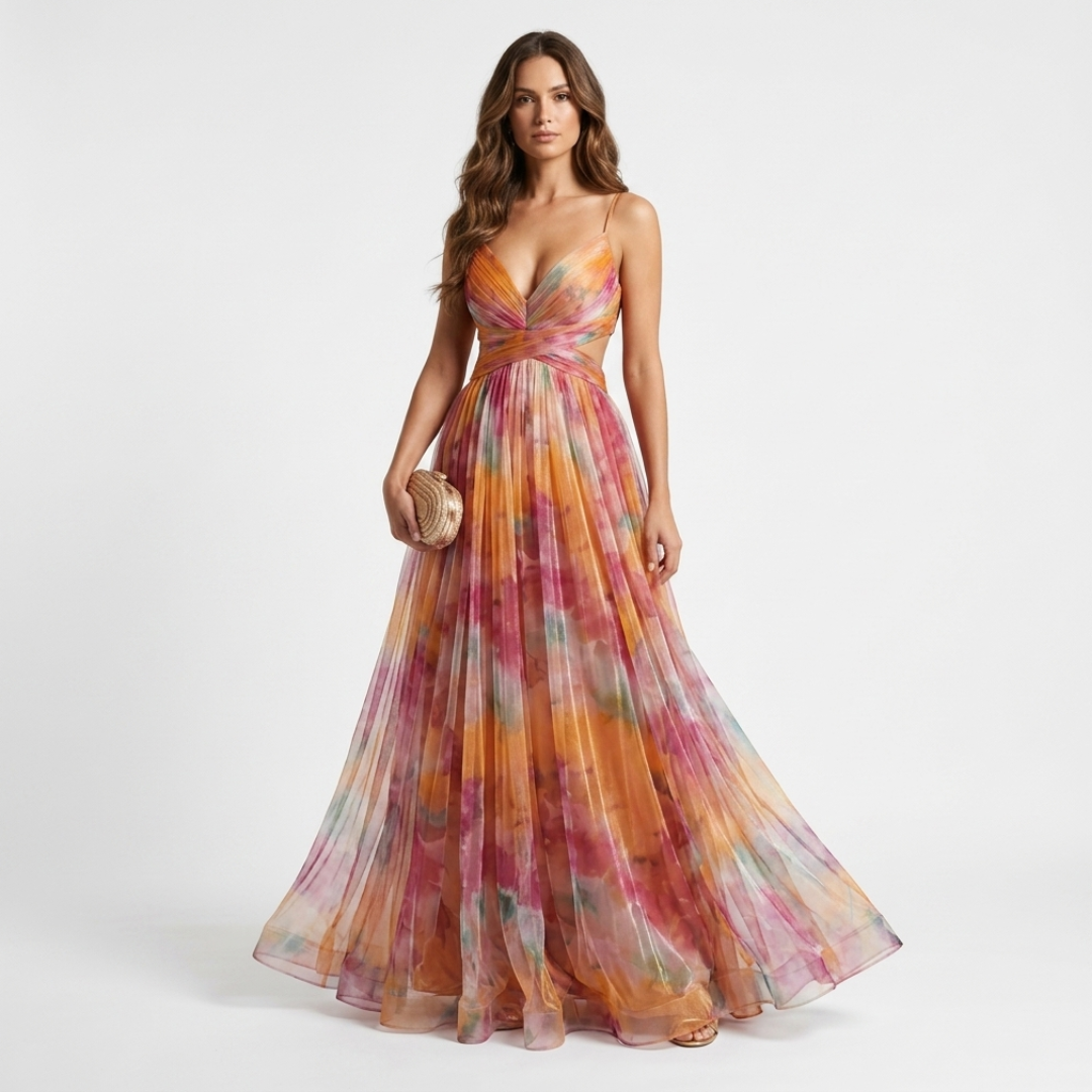 Multicolor floral long dress with V neckline, twist front, spaghetti straps, flowy maxi skirt