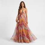 Multicolor floral long dress with V neckline, twist front, spaghetti straps, flowy maxi skirt
