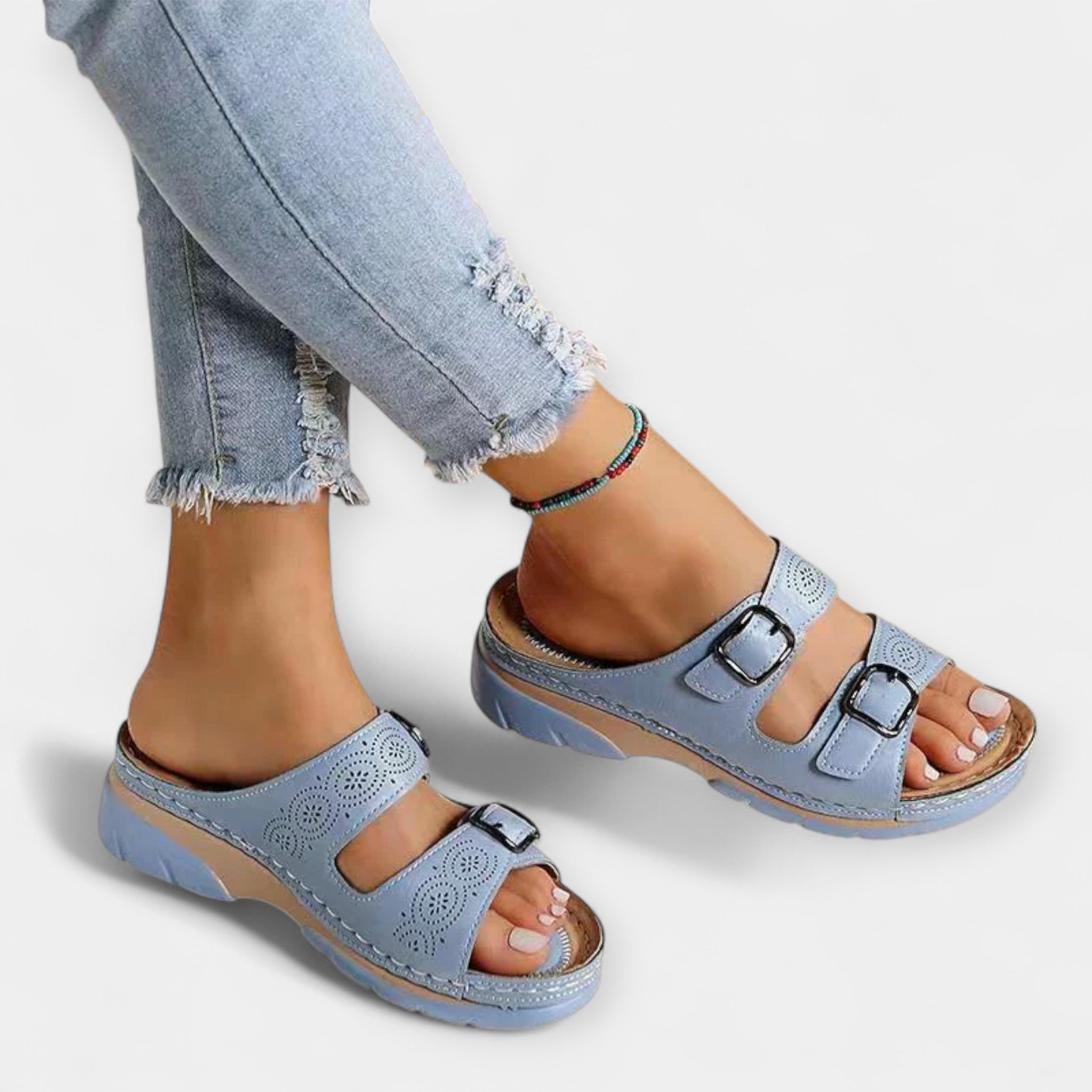 Pain-Free Support sandals in light blue with two buckles, open toe, and cushioned platform