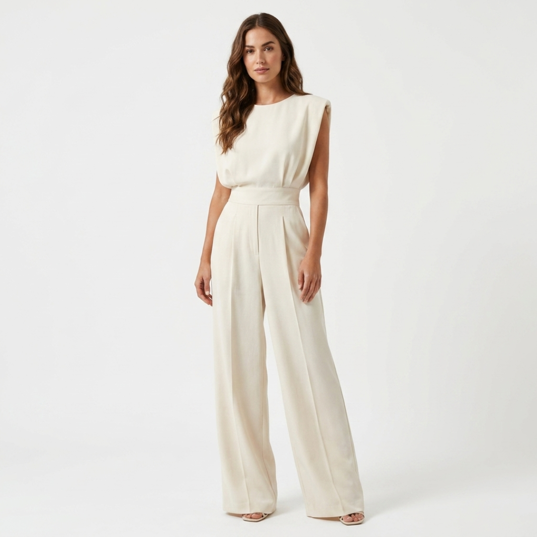 Beige belted sleeveless jumpsuit with high waist and wide-leg pants