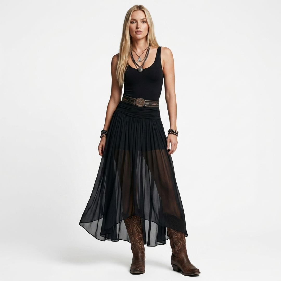 Black sleeveless bodysuit and layered sheer maxi skirt with belted waist