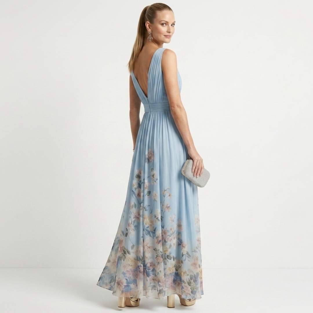 Light blue chiffon floral maxi dress, V-neck front and backless sleeveless style