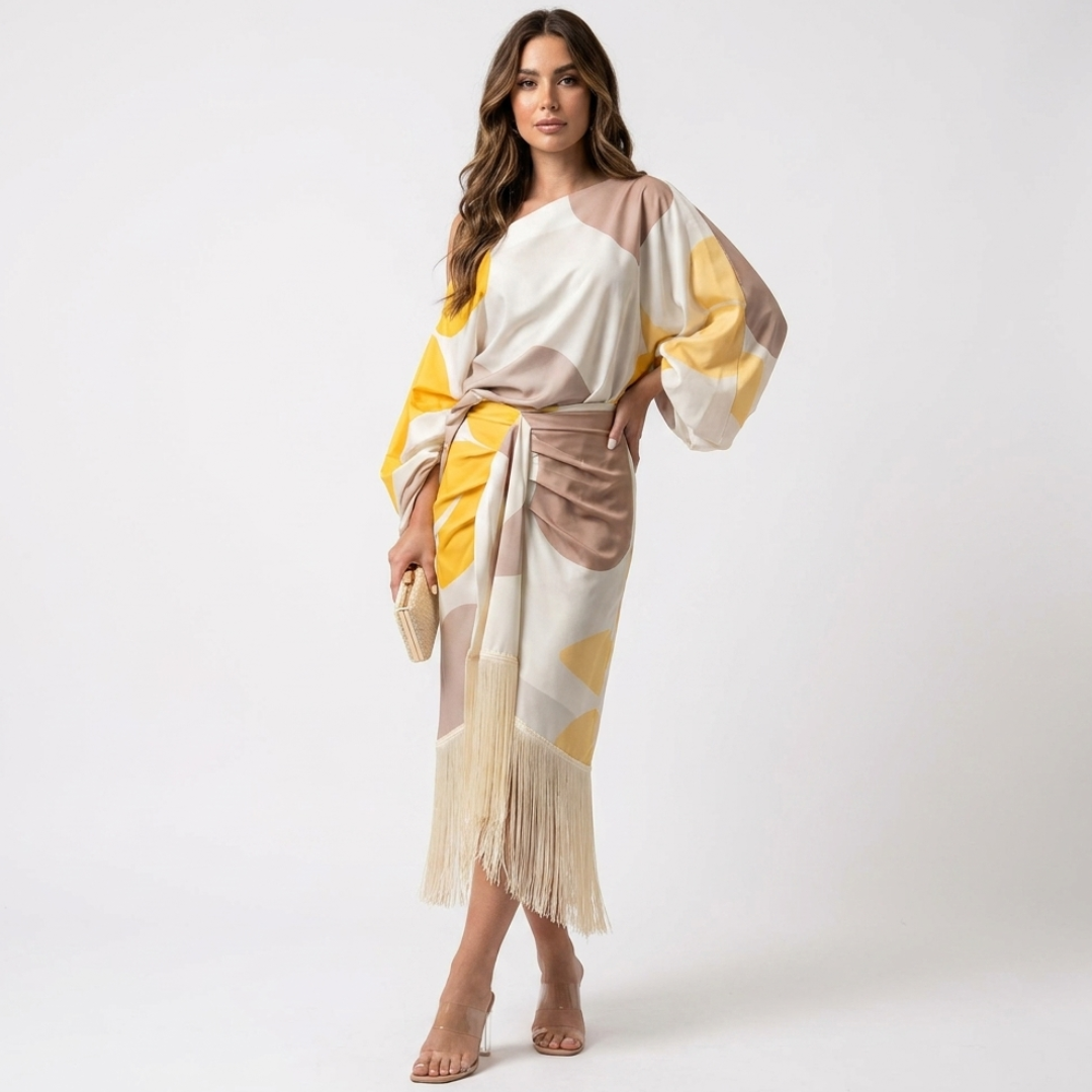 Women's satin-look midi dress with fringe hem, white/yellow geometric print