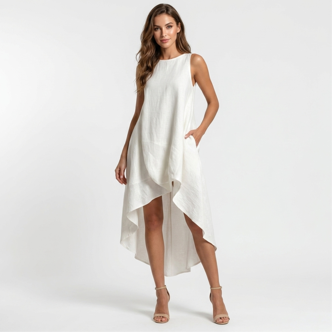 Sleeveless white dress with round neck, high-low hem, and side pockets