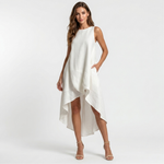 Sleeveless white dress with round neck, high-low hem, and side pockets