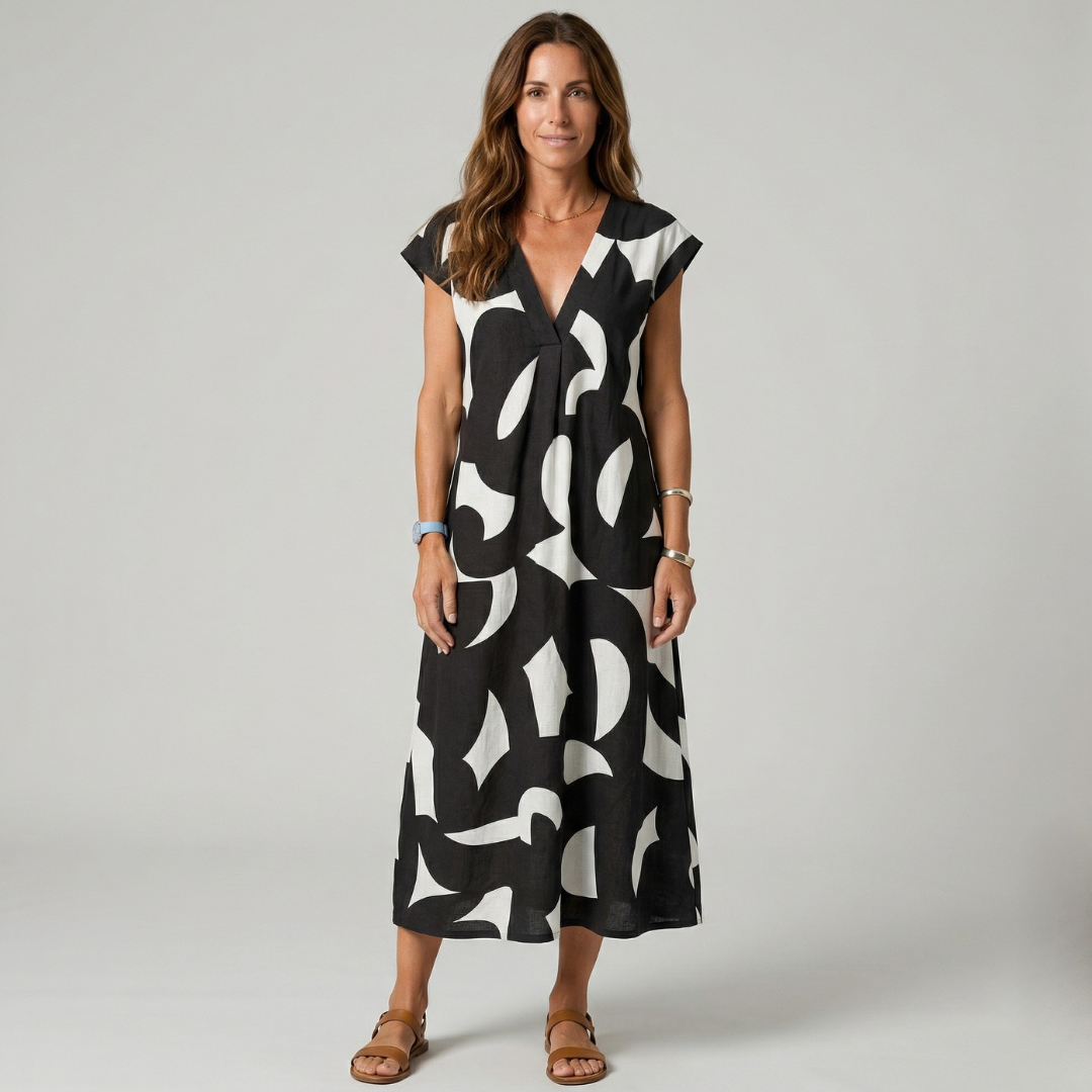 Black and white abstract print midi dress with V-neck and short sleeves
