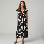Black and white abstract print midi dress with V-neck and short sleeves