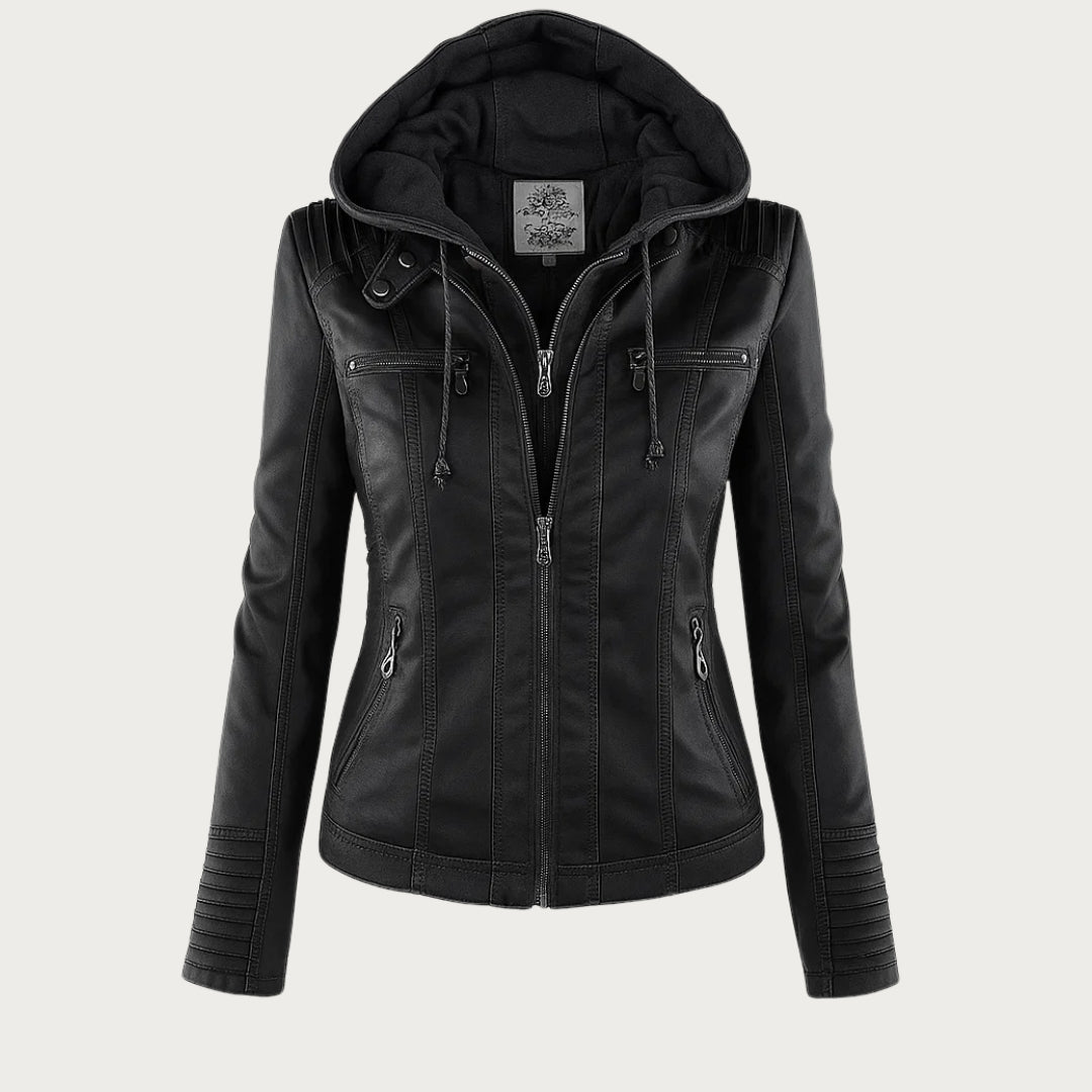 Black faux-leather biker hoodie jacket with front zipper and drawstring hood