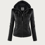 Black faux-leather biker hoodie jacket with front zipper and drawstring hood