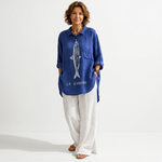 Blue button-front shirt with fish graphic and chest pocket, loose fit
