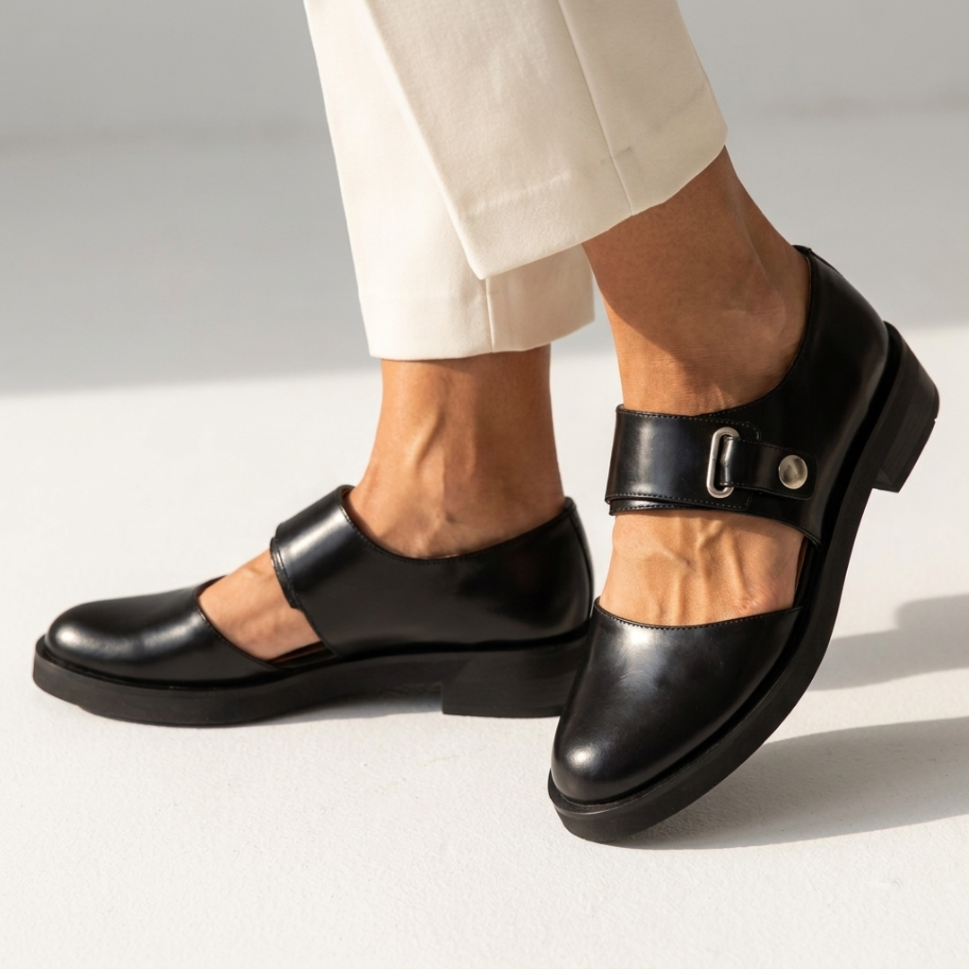 Black Mary Jane flats with double strap and metal buckle detail